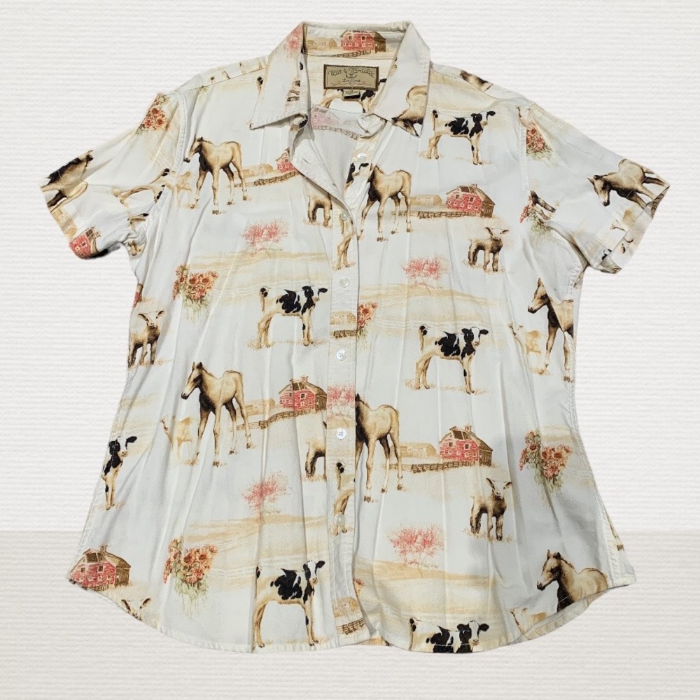 Farm Animal Print Button-Down Shirt - Cream